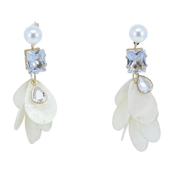 METAL ACRYLIC RHINESTONE PEARL LEAF DANGLE EARRING 