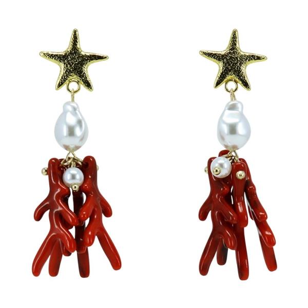 METAL ENAMEL STARFISH CORAL PEARL DANGLE EARRING 