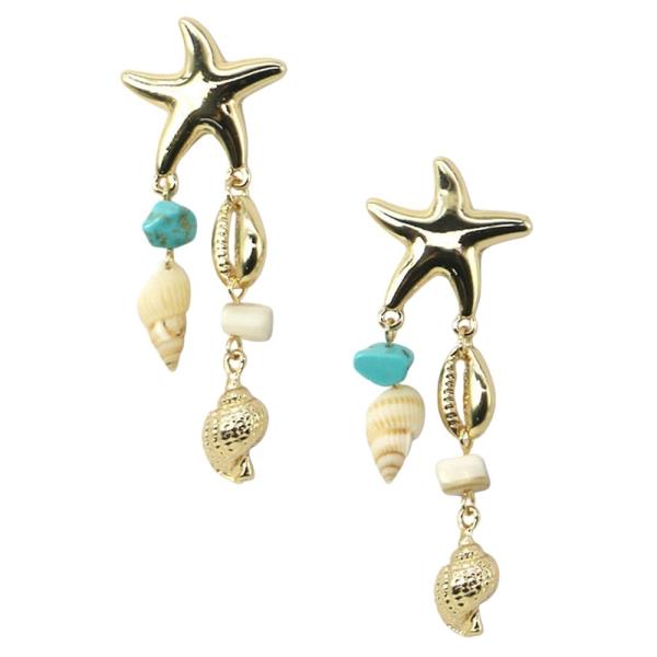 METAL STARFISH SHELL BEADED DANGLE EARRING 