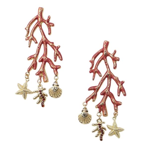 METAL ENAMEL CORAL DANGLE EARRING