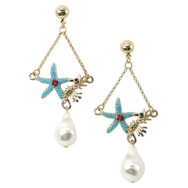 METAL STARFISH PEARL DANGLE EARRING 