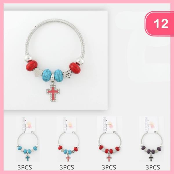 CROSS PENDANT BEADED CHARM BRACELET (12 UNITS)