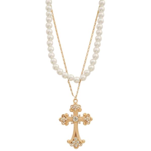 SDJ FILIGREE CROSS PENDANT RHINESTONE PEARL BEAD LAYERED NECKLACE