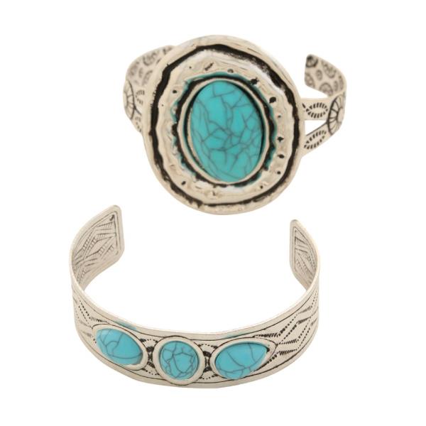SDJ TURQUOISE BEAD CUFF METAL BRACELET SET