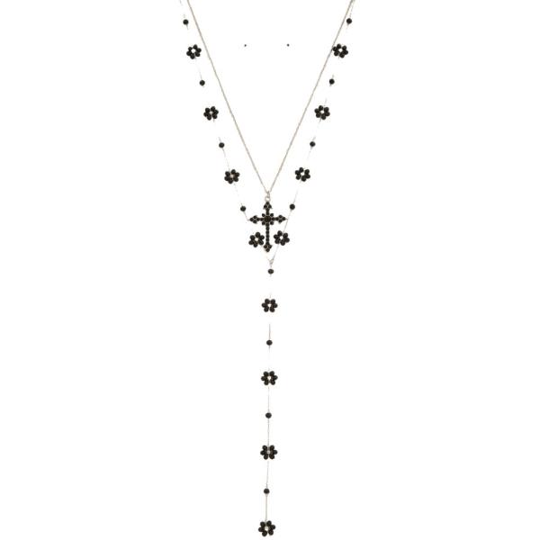 SDJ FLOWER BEADED CROSS LAYERED NECKLACE