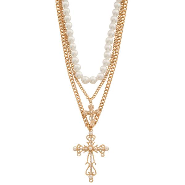 SDJ CROSS PENDANT PEARL BEAD LAYERED METAL NECKLACE