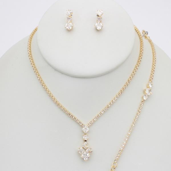 CUBIC ZIRCONIA RHINESTONE PENDANT NECKLACE EARRING SET