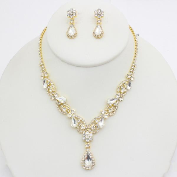RHINESTONE LEAF TEARDROP NECKLACE EARRING SET