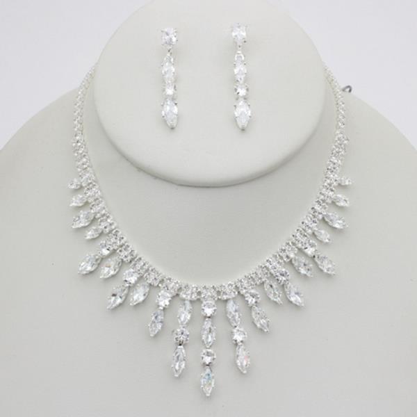 CUBIC ZIRCONIA RHINESTONE FAN DROP NECKLACE EARRING SET