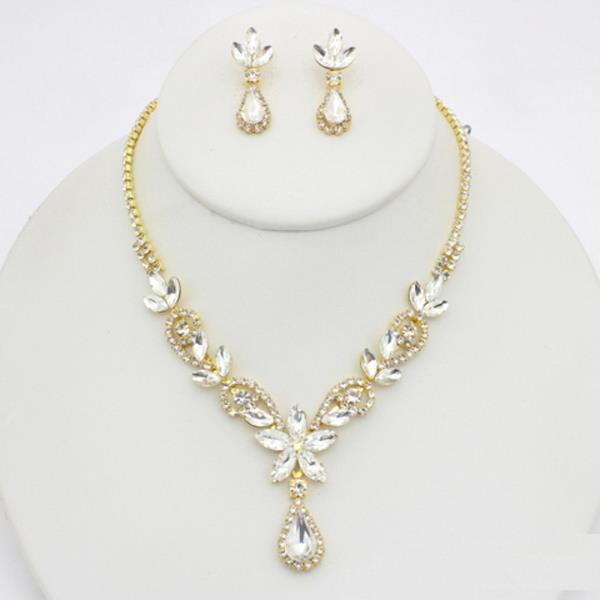 RHINESTONE LEAF TEARDROP NECKLACE EARRING SET