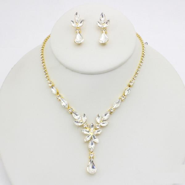 RHINESTONE LEAF DROP NECKLACE EARRING SET