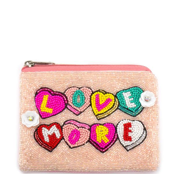 SEED BEAD LOVE MORE HEART GRAPHIC COIN PURSE BAG