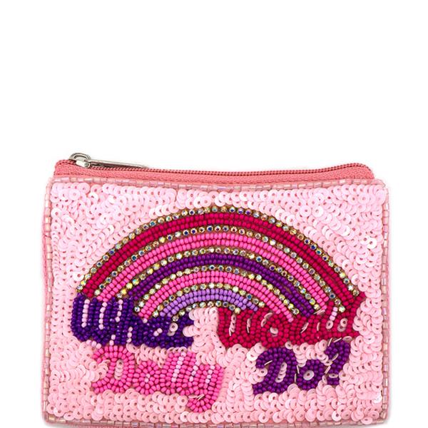 SEQUIN RAINBOW WHAT WOULD DOLLY DO LETTERING SEED BEAD COIN PURSE BAG