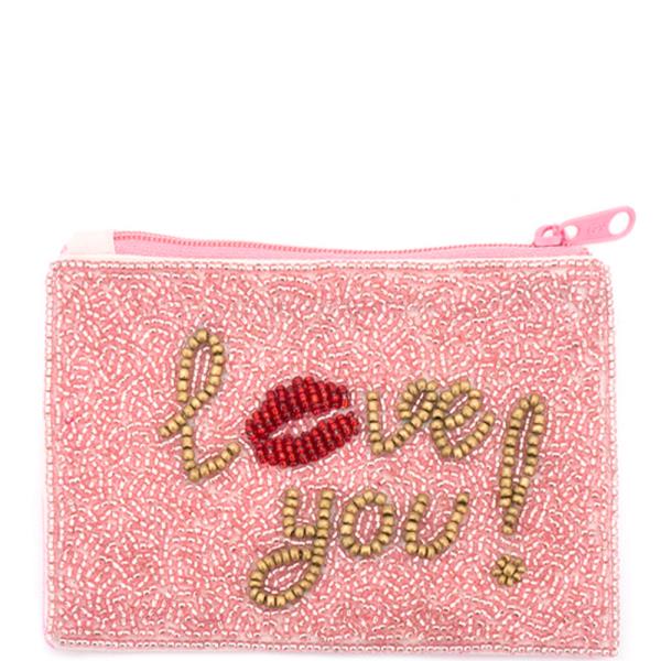 SEED BEAD LOVE YOU LIP GRAPHIC COIN PURSE BAG