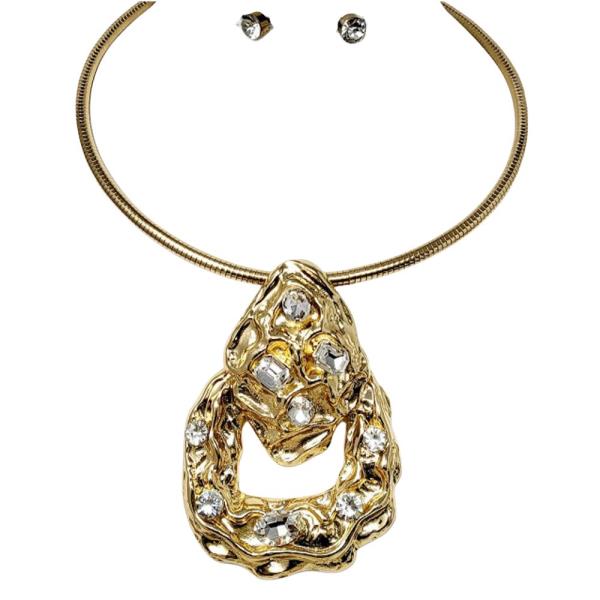 TEXTURED METAL ABSTRACT PENDANT WITH CRYSTAL ACCENTS CHUNKY STATEMENT NECKLACE EARRING SET