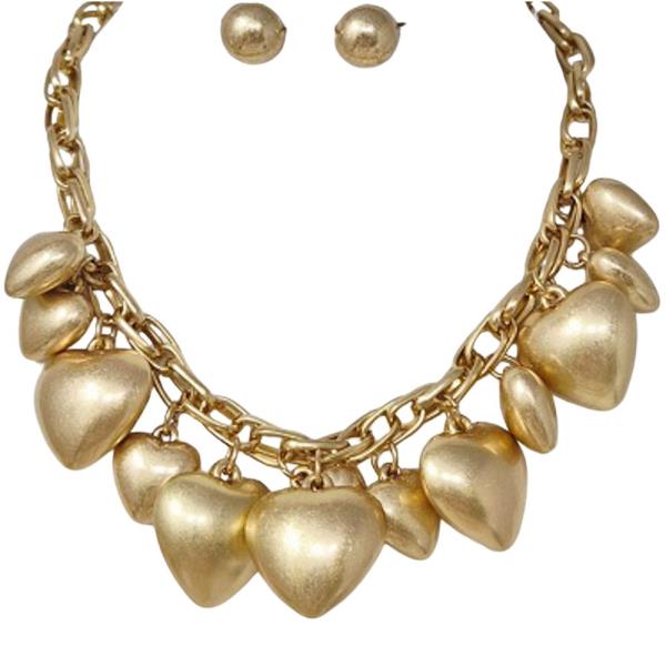 MATTE METAL PUFFED HEART CHARMS WITH BOLD CHAIN BASE CHUNKY STATEMENT NECKLACE EARRING SET