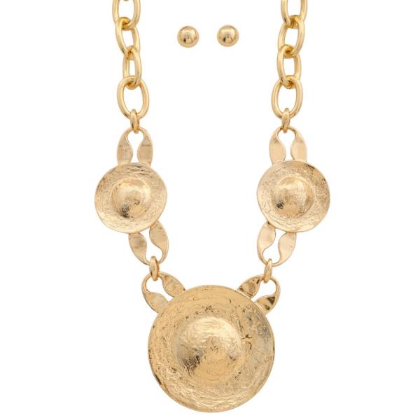 HAMMERED METAL ROUND PLATES WITH HIGH-SHINE FINISH CHUNKY STATEMENT NECKLACE EARRING SET