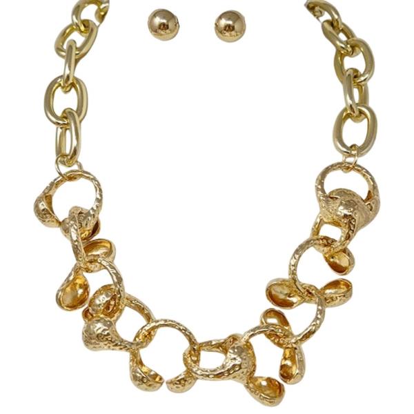 TEXTURED LINK CHAIN WITH ORGANIC SHAPED METAL ACCENTS CHUNKY STATEMENT NECKLACE EARRING SET