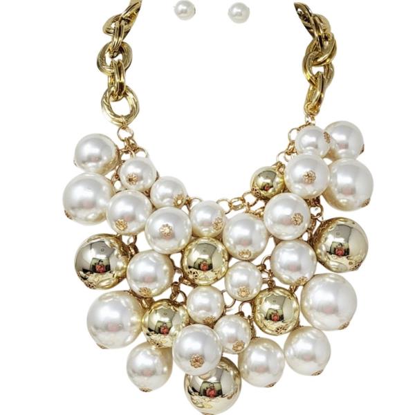 HIGH-POLISH METAL SPHERE CLUSTER WITH BOLD DIMENSION CHUNKY STATEMENT NECKLACE EARRING SET