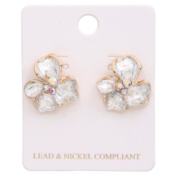 TWO TONE RHINESTONE FLOWER POST EARRING