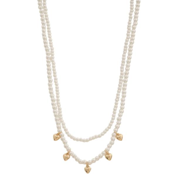 DAINTY HEART CHARM PEARL BEAD LAYERED NECKLACE