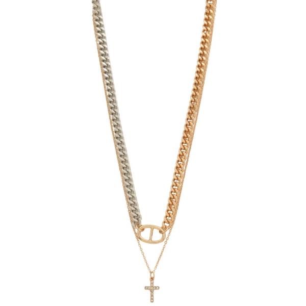 DAINTY CROSS CHAIN TWO TONE LAYERED NECKLACE