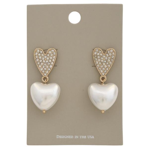 DOUBLE HEART PEARL BEAD RHINESTONE DANGLE EARRING
