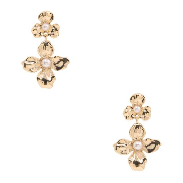 DOUBLE FLOWER PEARL BEAD LINK DANGLE EARRING