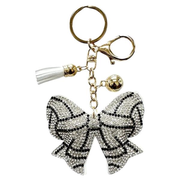 RHINESTONE VOLLEYBALL WHITE BOW BAG CHARM KEYCHAIN WITH TASSEL