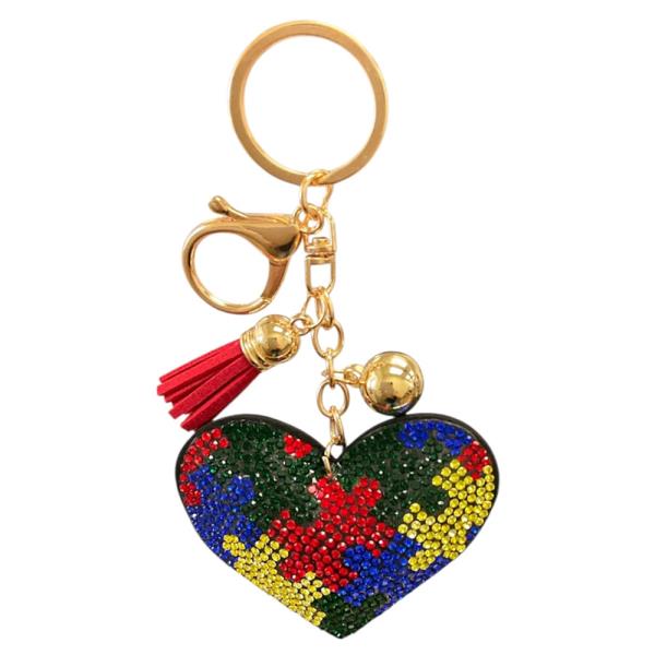 RHINESTONE HEART PUZZLE BAG CHARM KEYCHAIN WITH TASSEL