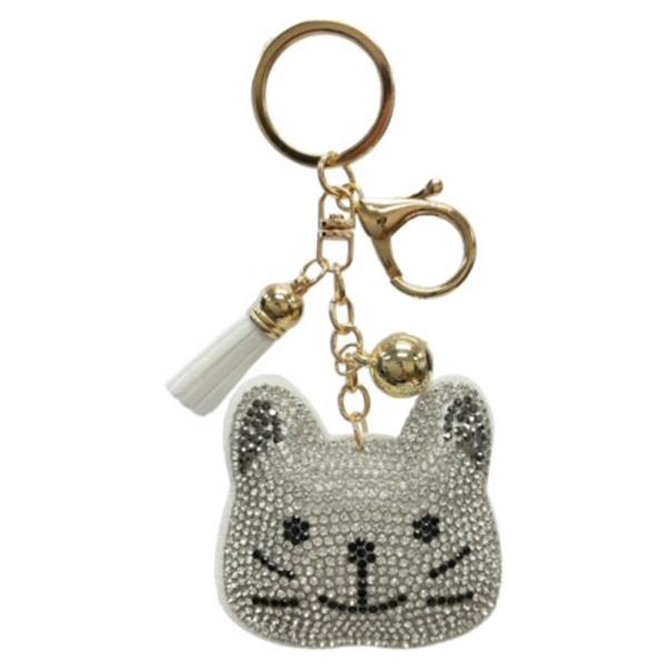 RHINESTONE CAT FACE BAG CHARM KEYCHAIN WITH TASSEL
