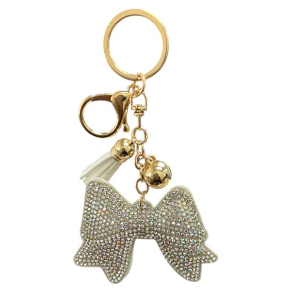 RHINESTONE CLEAR BOW BAG CHARM KEYCHAIN WITH TASSEL