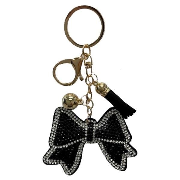 RHINESTONE BLACK BOW BAG CHARM KEYCHAIN WITH TASSEL