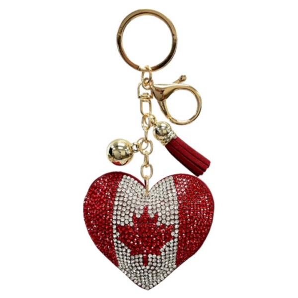 RHINESTONE CANADA HEART FLAG BAG CHARM KEYCHAIN WITH TASSEL