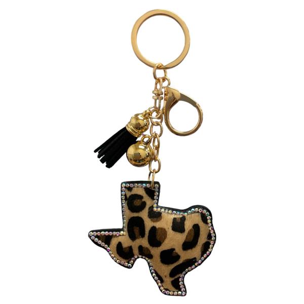 RHINESTONE LEOPARD TEXAS MAP BAG CHARM KEYCHAIN WITH TASSEL
