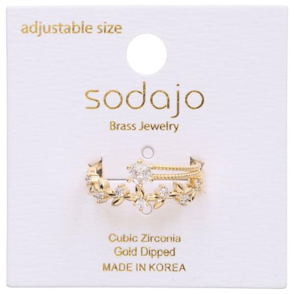 SODAJO LEAF FLOWER LINK CZ GOLD DIPPED ADJUSTABLE RING