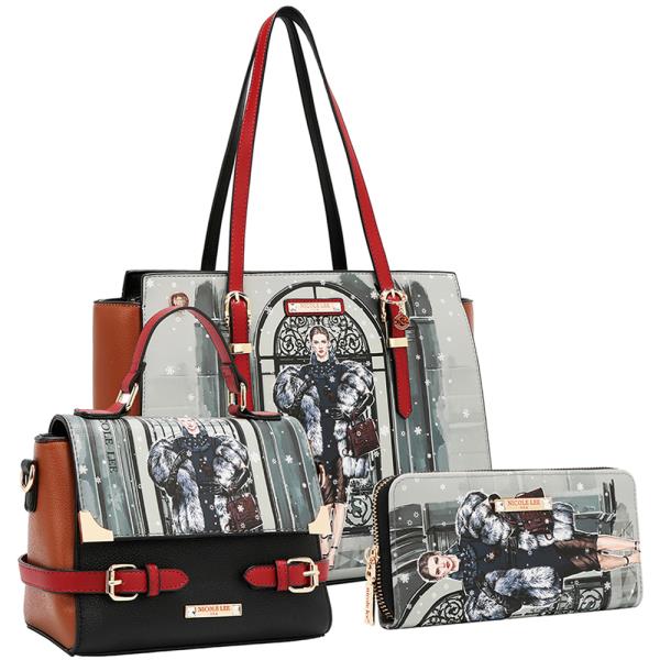 3IN1 NICOLE LEE MODA SNOWFLAKE TOTE W MINI BAG AND WALLET SET