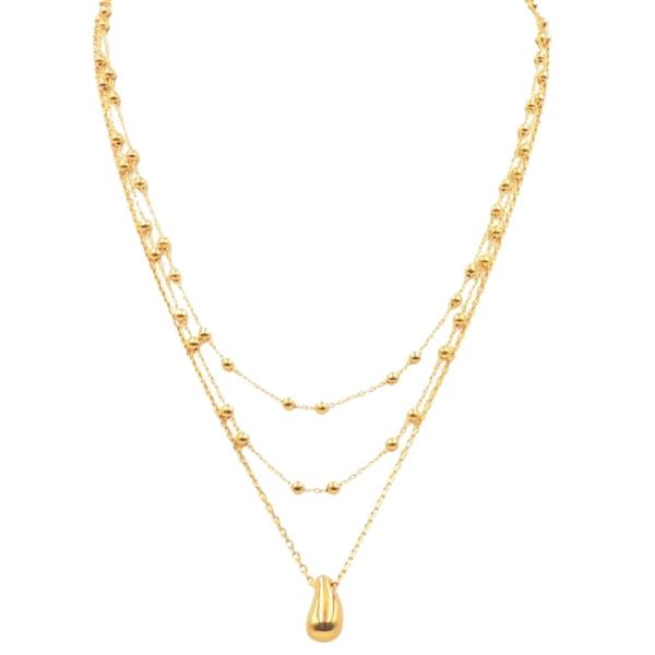 STAINLESS STEEL LAYERED BALL CHAIN AND TEARDROP PENDANT NECKLACE