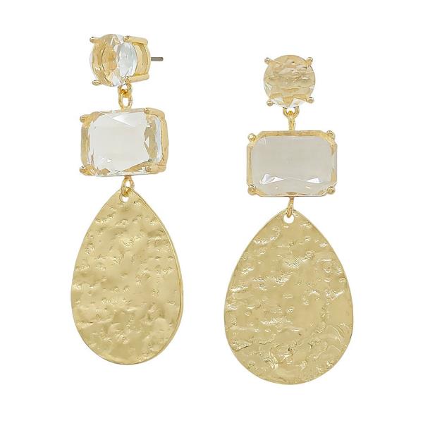 CIRCLE RECTANGLE CRYSTAL TEARDROP METAL EARRING
