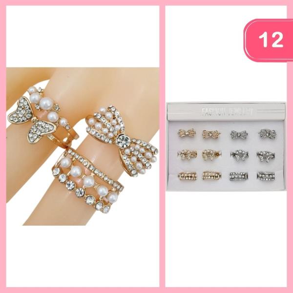 RHINESTONE PEARL BOW RING (12 UNITS)