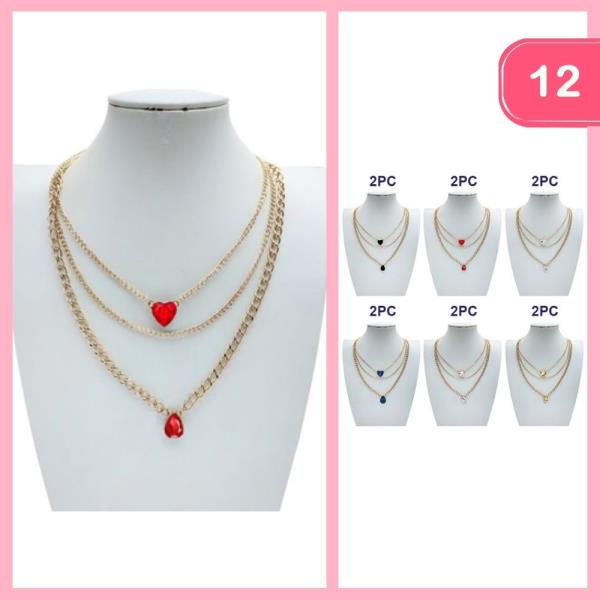 LAYERED STONE HEART PENDANT NECKLACE (12 UNITS)