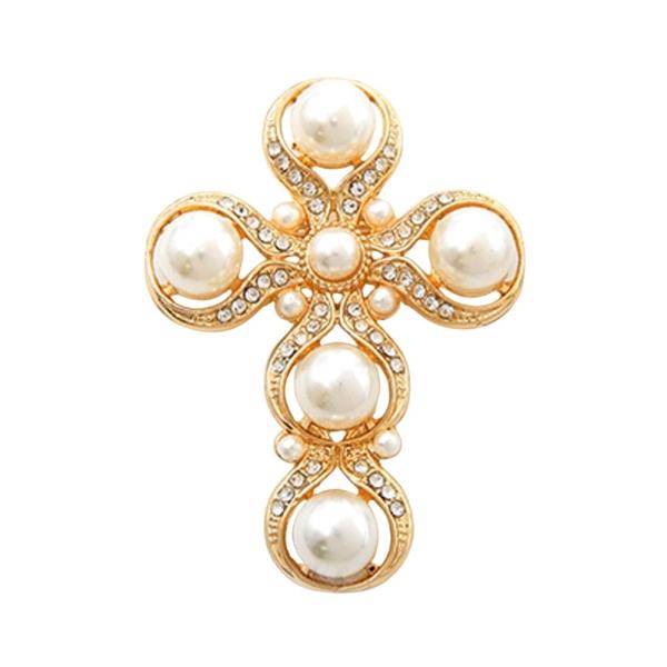 METAL CROSS WITH PEARL ACCENT BROOCH