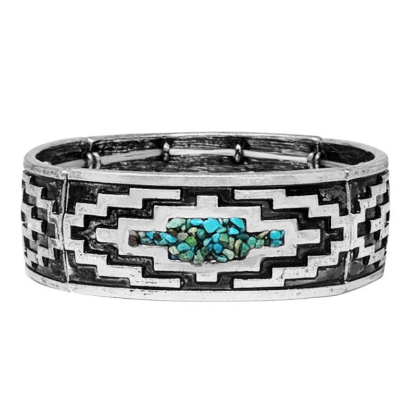 WESTERN AZTEC PATTERN TURQUOISE CHIP METAL BRACELET