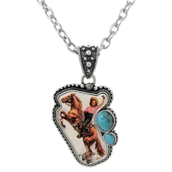 WESTERN PRINT TURQUOISE BEAD PENDANT NECKLACE