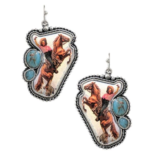 WESTERN PRINT TURQUOISE BEAD DANGLE EARRING