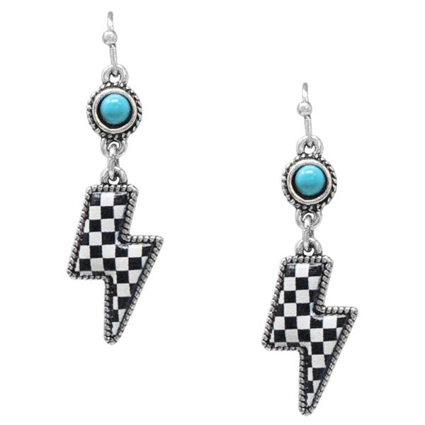 WESTERN CHECKERED PATTERN LIGHTING BOLT TURQUOISE BEAD DANGLE EARRING