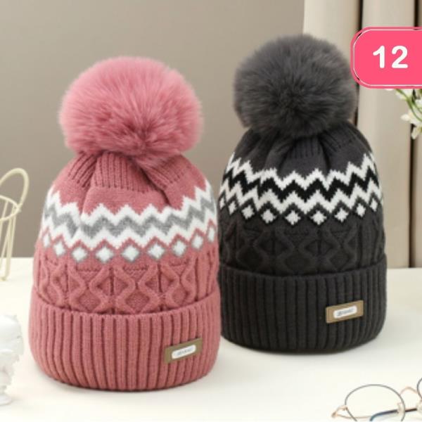 CHEVRON PATTERN POM POM BEANIE (12 UNITS)