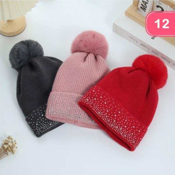 RHINESTONE STUDDED POM POM BEANIE (12 UNITS)