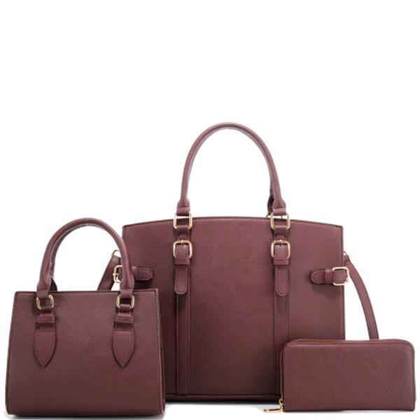 3IN1 BUCKLE DESIGN HANDLE SATCHEL W MINI BAG AND WALLET SET