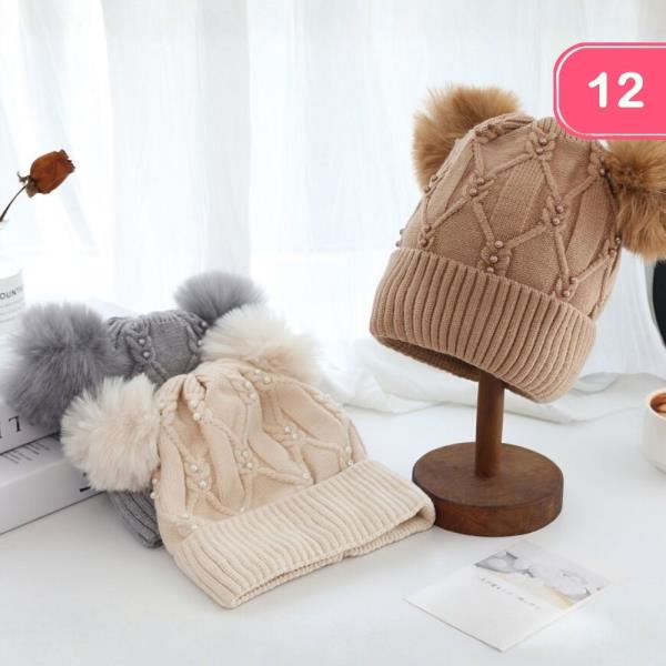 DOUBLE POM POM KNIT BEANIE (12 UNITS)